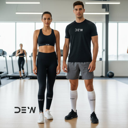 Australian man and woman in black DEW gym wear. Woman wears a black seamless sports bra and leggings. Man wears a black T-shirt and grey shorts. Couple standing in gym with other athletes.
