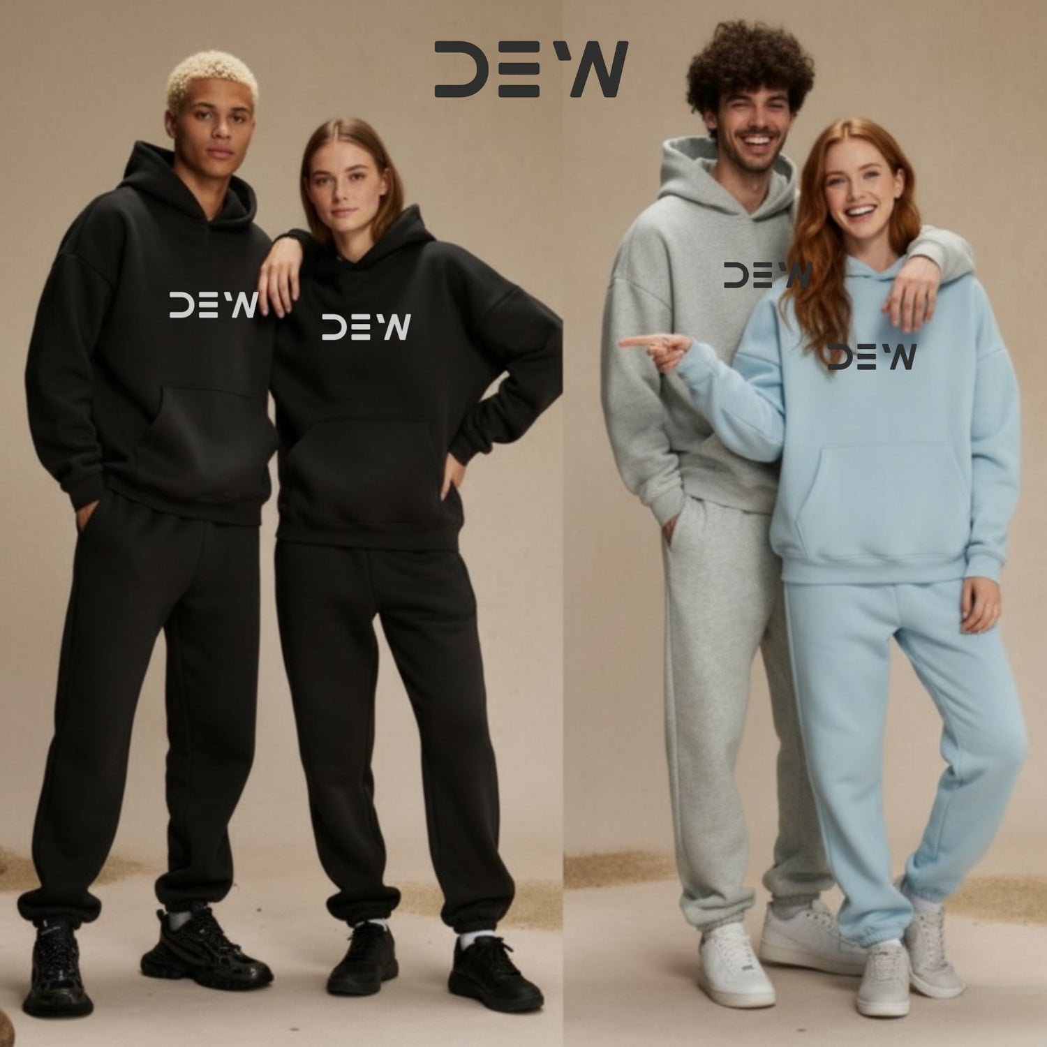 Diverse models wearing DEW Unisex Oversized Hoodies and matching Joggers in black, grey, and light blue. Image highlights cotton blend streetwear.