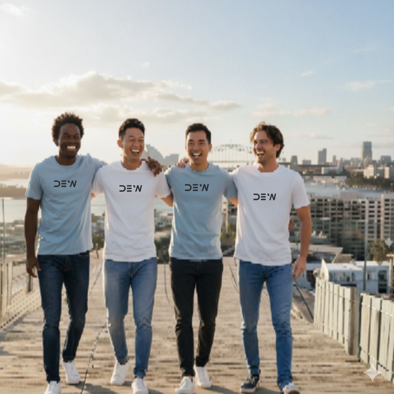 Group of diverse men walking on an urban rooftop wearing DEW cotton blend T-Shirts. Image highlights comfortable fit and men's streetwear.