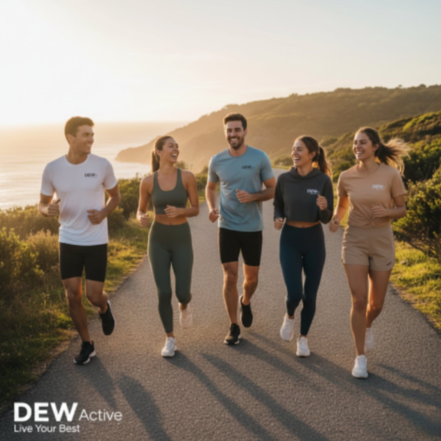 Diverse group of Australian models jogging on a scenic coastal path, wearing DEW Unisex T-Shirts and activewear. Lifestyle image highlighting fitness community.