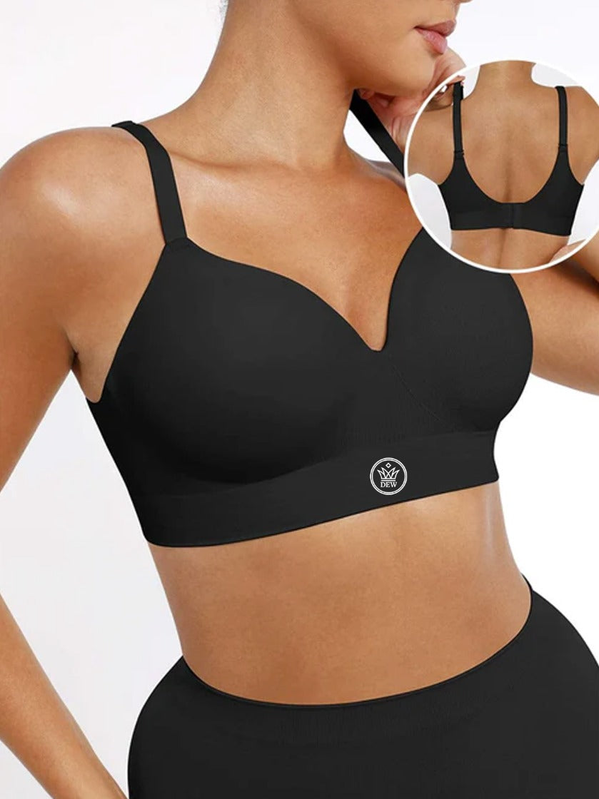 Close-up of black DEW Seamless Sculpt Bra, highlighting wireless support, molded cups, and smooth rear fit.