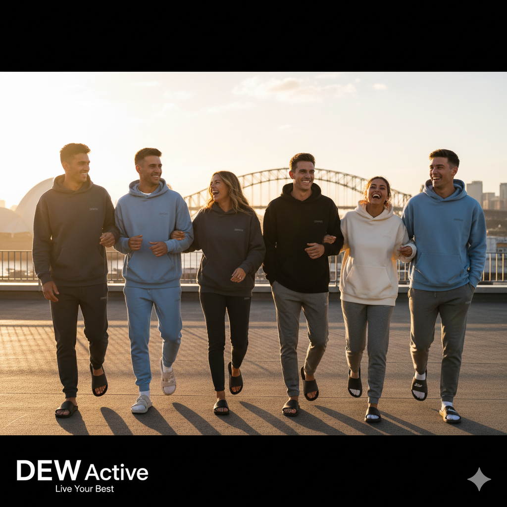Diverse group of people jogging in DEW cotton blend Hoodies and Joggers near the water at sunset. Image highlights warm activewear layering.