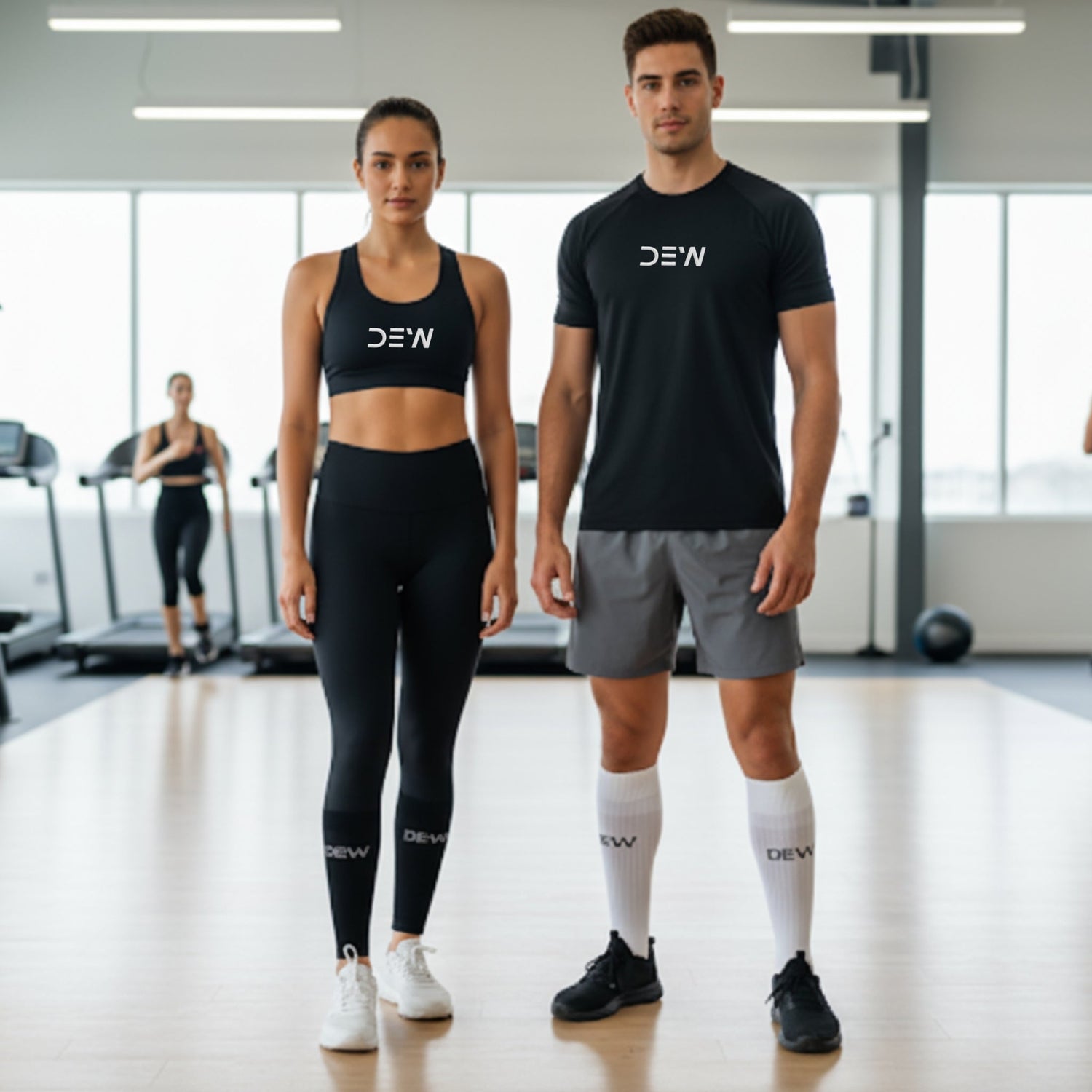 Man and woman in gym wearing DEW T-Shirt, leggings, and white Bamboo Crew Socks. Image highlights active comfort and unisex fit.