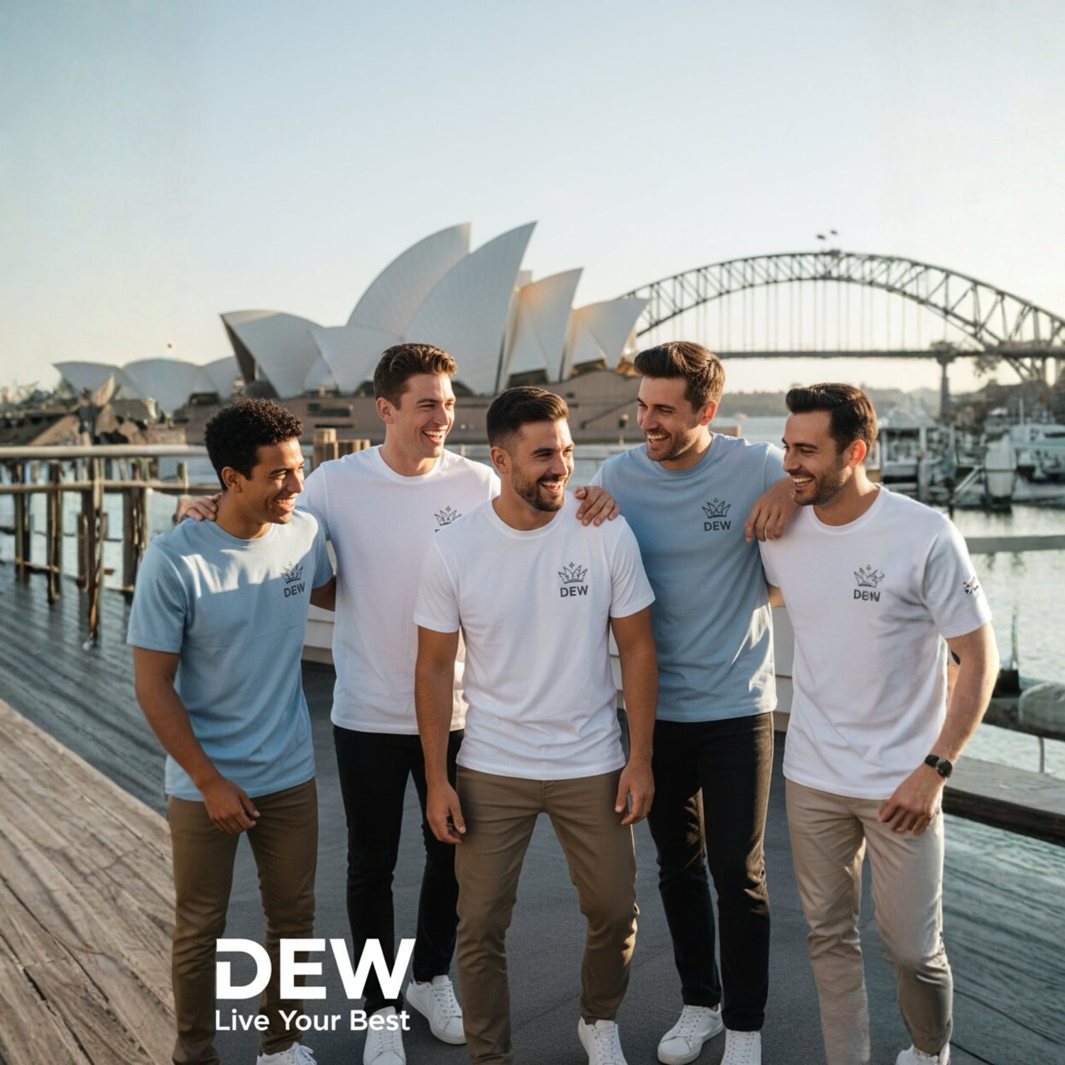 Group of men wearing DEW T-Shirts and activewear in Sydney with the Opera House. Lifestyle shot highlighting men's Australian streetwear.
