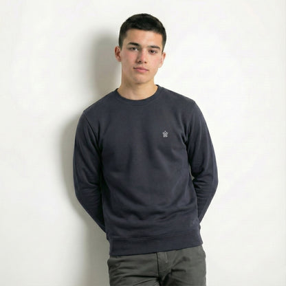 Person wearing a dark gray sweatshirt with a small logo on a white background