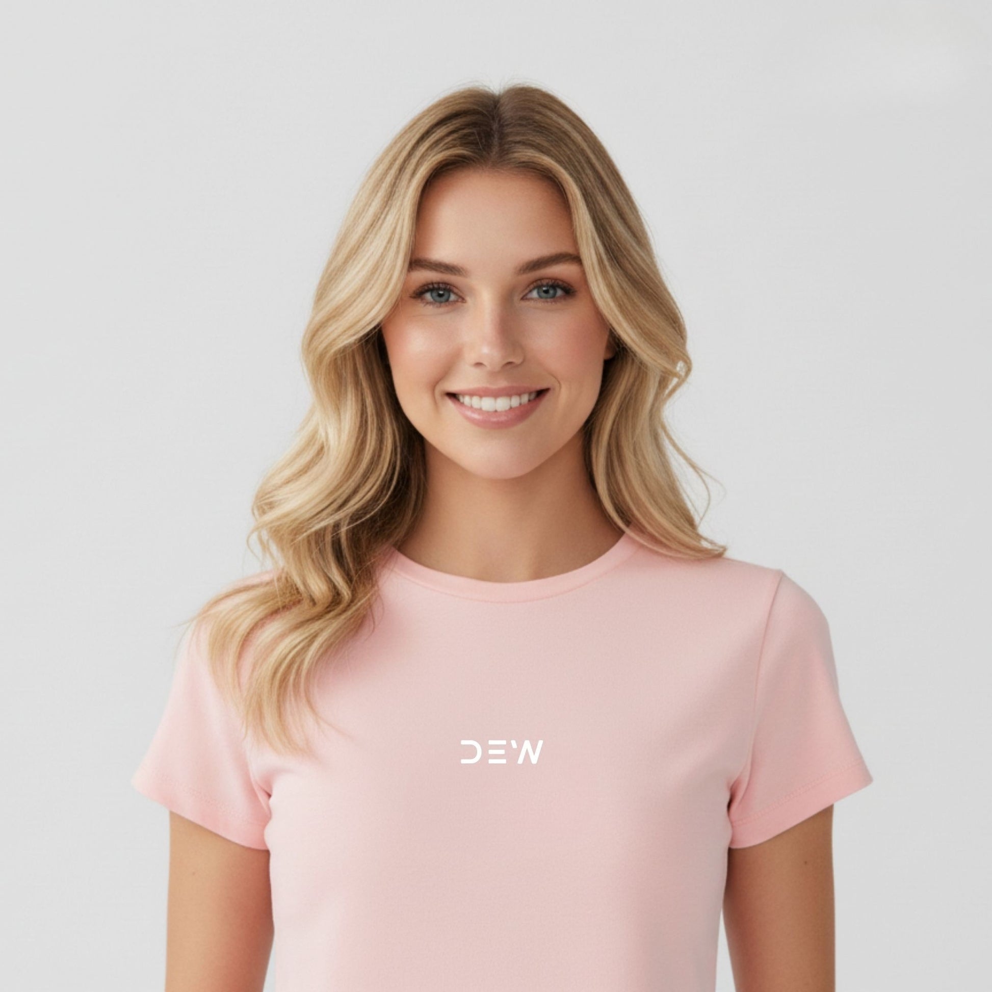 Woman wearing Dew Petal pink Cotton Spandex t shirt