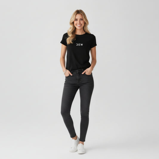Woman wearing Dew black tee in a white background full image
