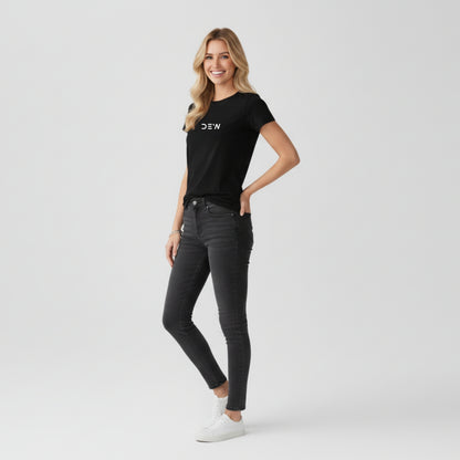 Woman wearing Dew black tee in a white background side image