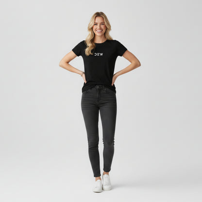 Woman wearing Dew black tee in a white background stylish