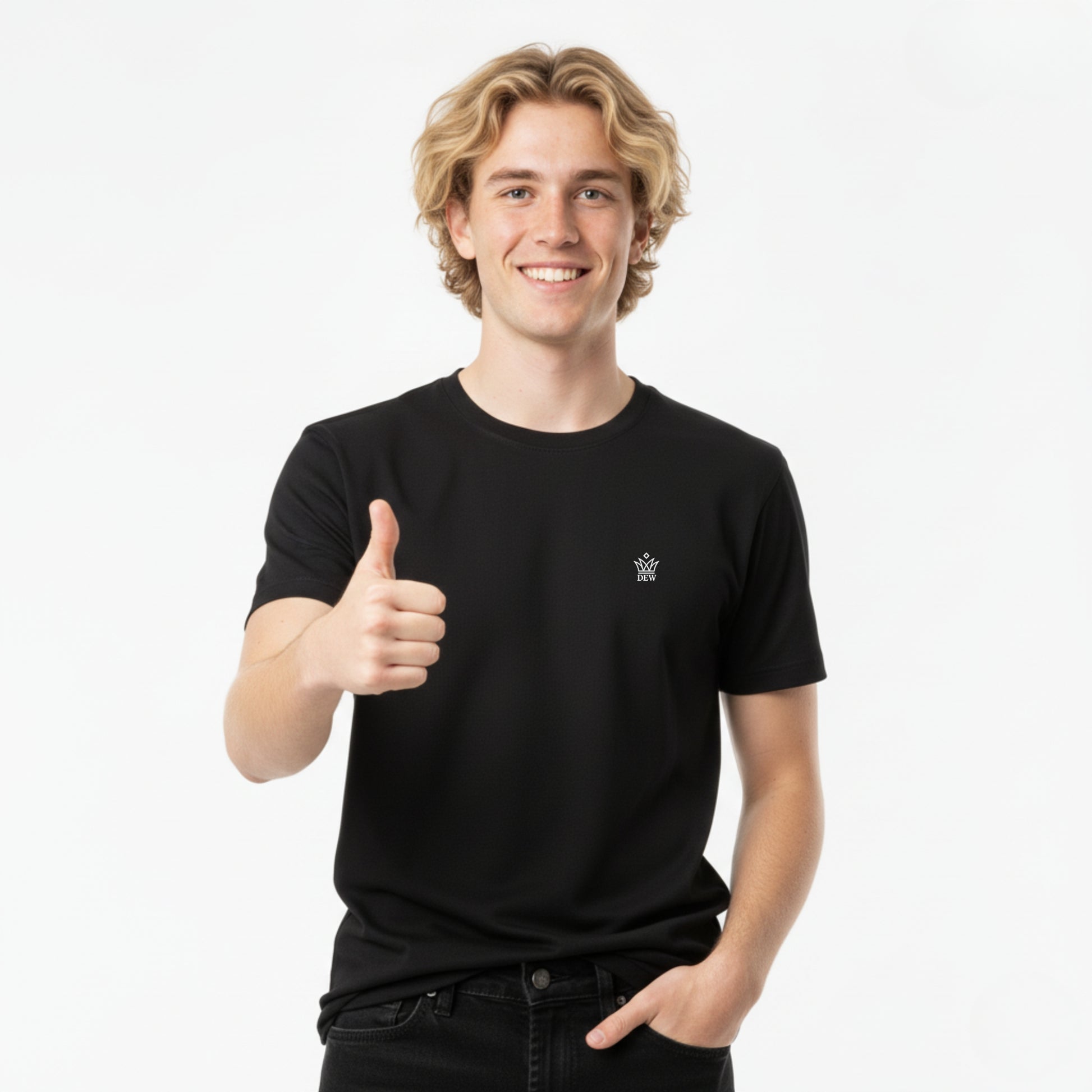 Person wearing a DEW 100% Cotton black t-shirt with a small embroidered Dew logo, giving a thumbs-up gesture on a white background