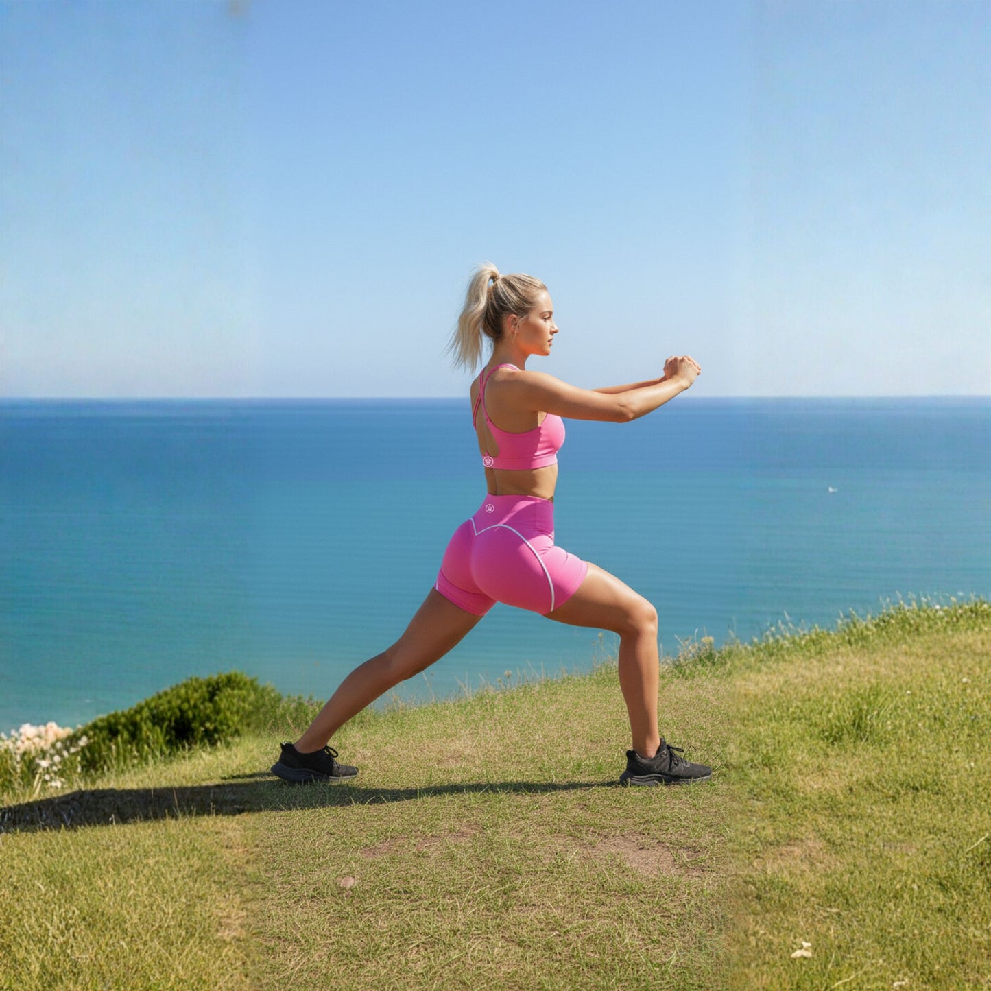 Woman in DEW™ Strappy Heart Flex Sports Bra - Pink Blush, pink athletic wear performing a lunge on a grassy hill with ocean in the background