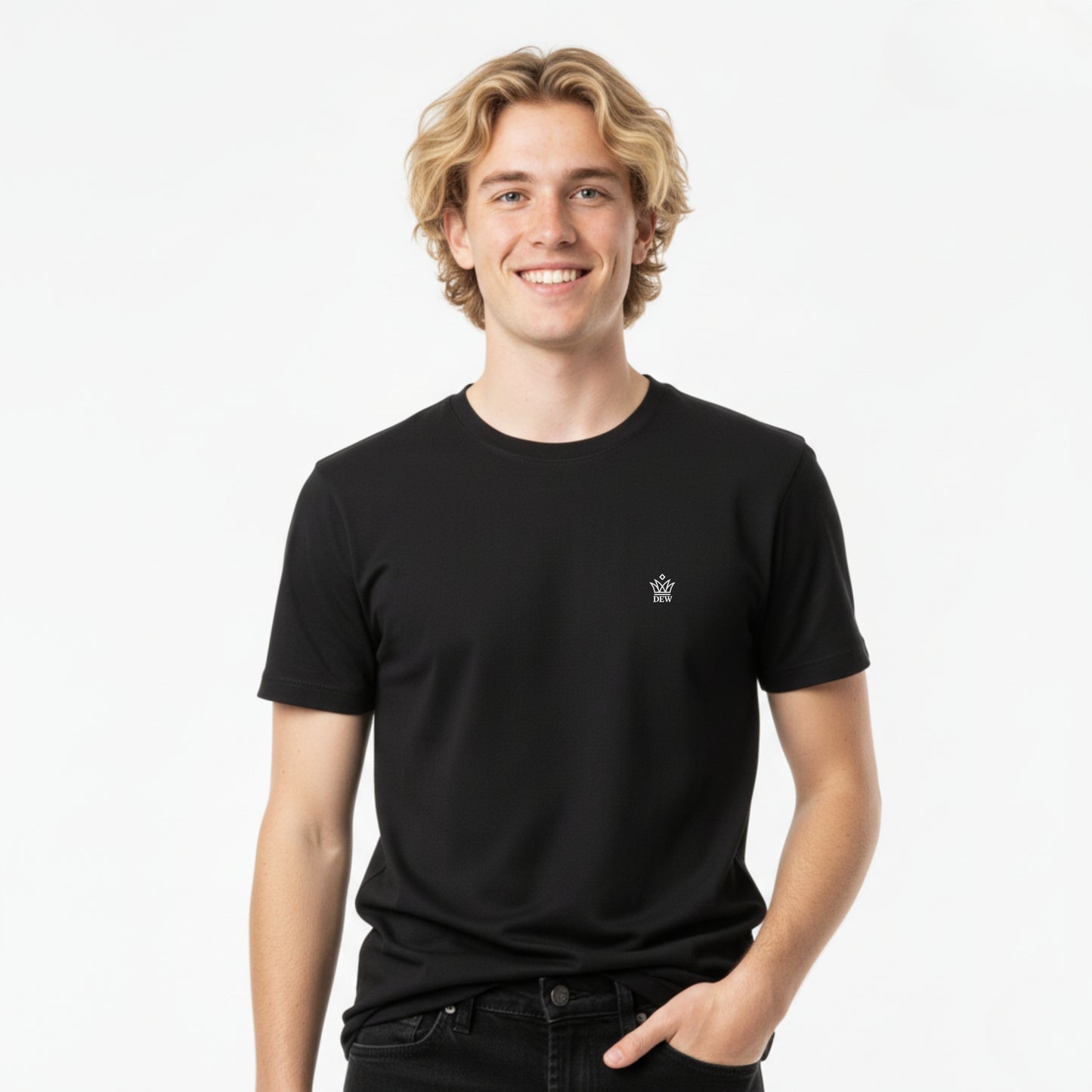 Man wearing a Dew black t-shirt with a small logo on a white background
