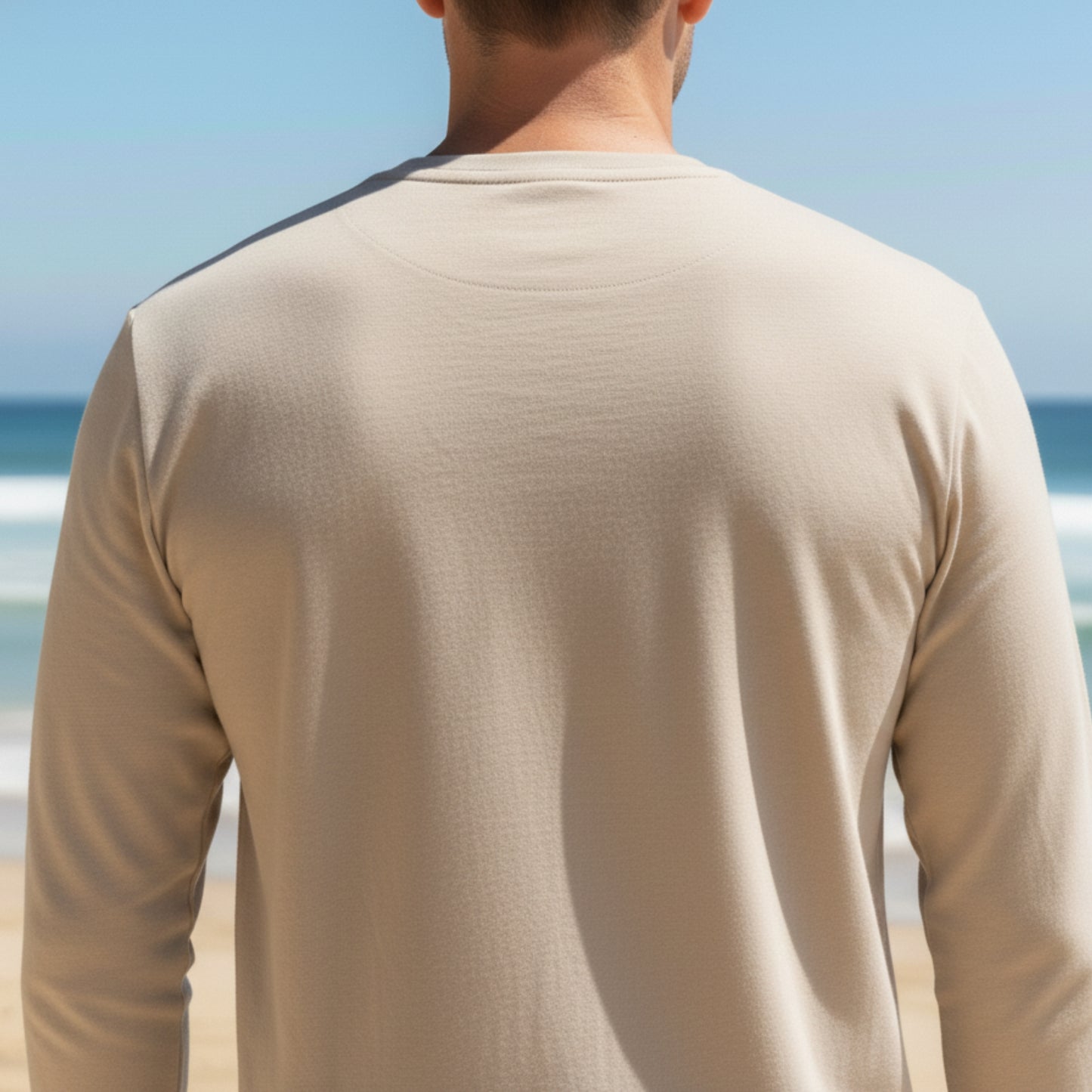 Man wearing a Dew 100% cotton beige long-sleeve shirt on a beach