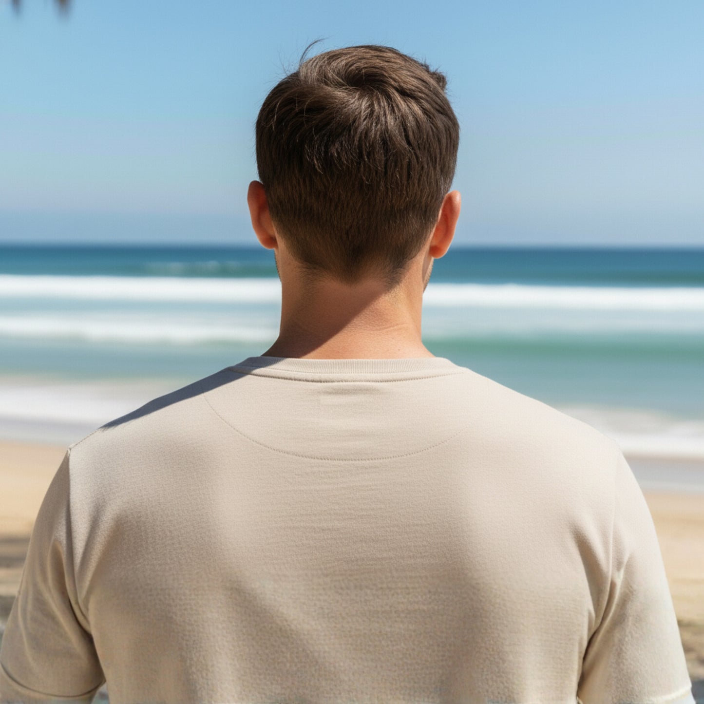 Man standing on a beach facing the ocean wearing Dew 100% cotton caramel t shirt