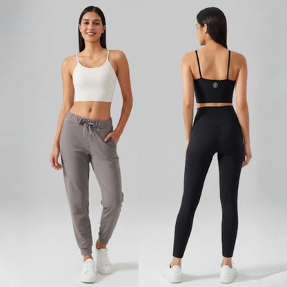 Two models wearing Dew Balance Bra in black and the other in white