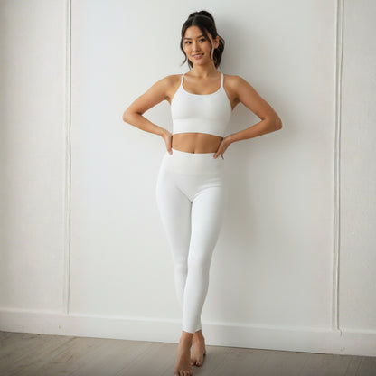 woman posing wearing Dew Balance Bra n white