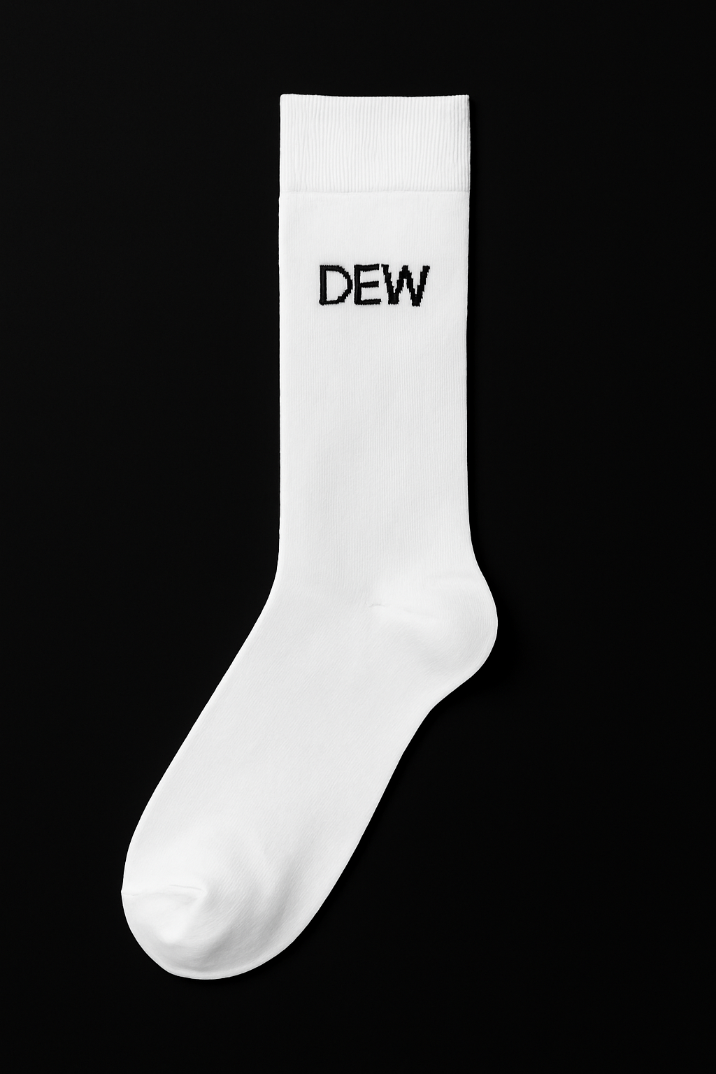 Single white Bamboo Crew Sock with black DEW logo. Ultimate comfort activewear sock.