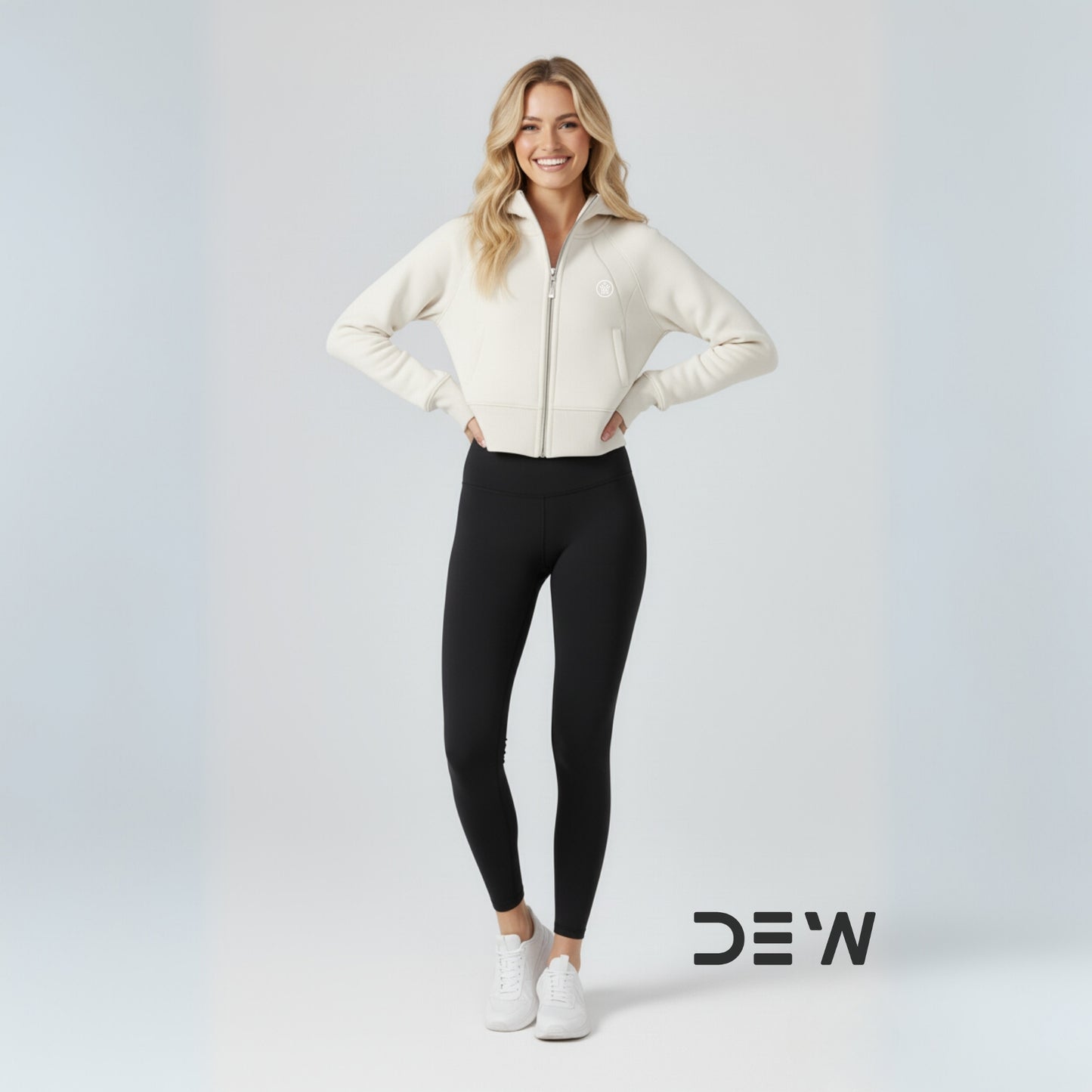 Woman wearing a white jacket and Dew Core fit high waisted leggings in black on a light gray background with 'DEW' branding.