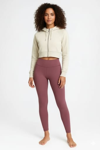 Woman wearing a beige cropped hoodie and Dew Core fit high waited leggings dusty plum on a white background