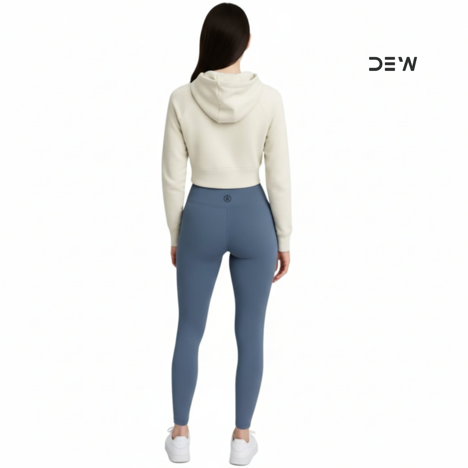 Person wearing a white hoodie and Dew Core fit high waited leggings ocean mist  on a white background with 'DEW' branding.