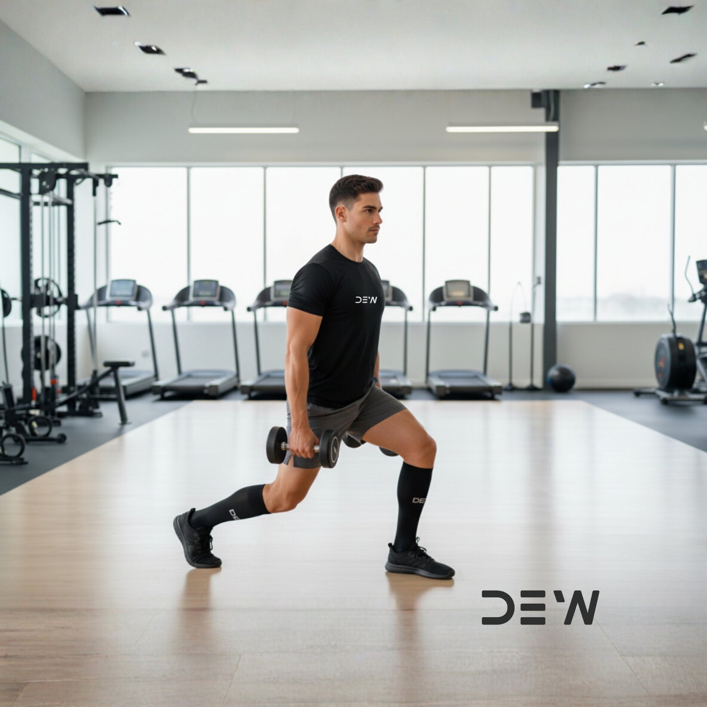 Man exercising with dumbbells in a gym setting, wearing a black shirt and bamboo socks with 'DEW' branding.