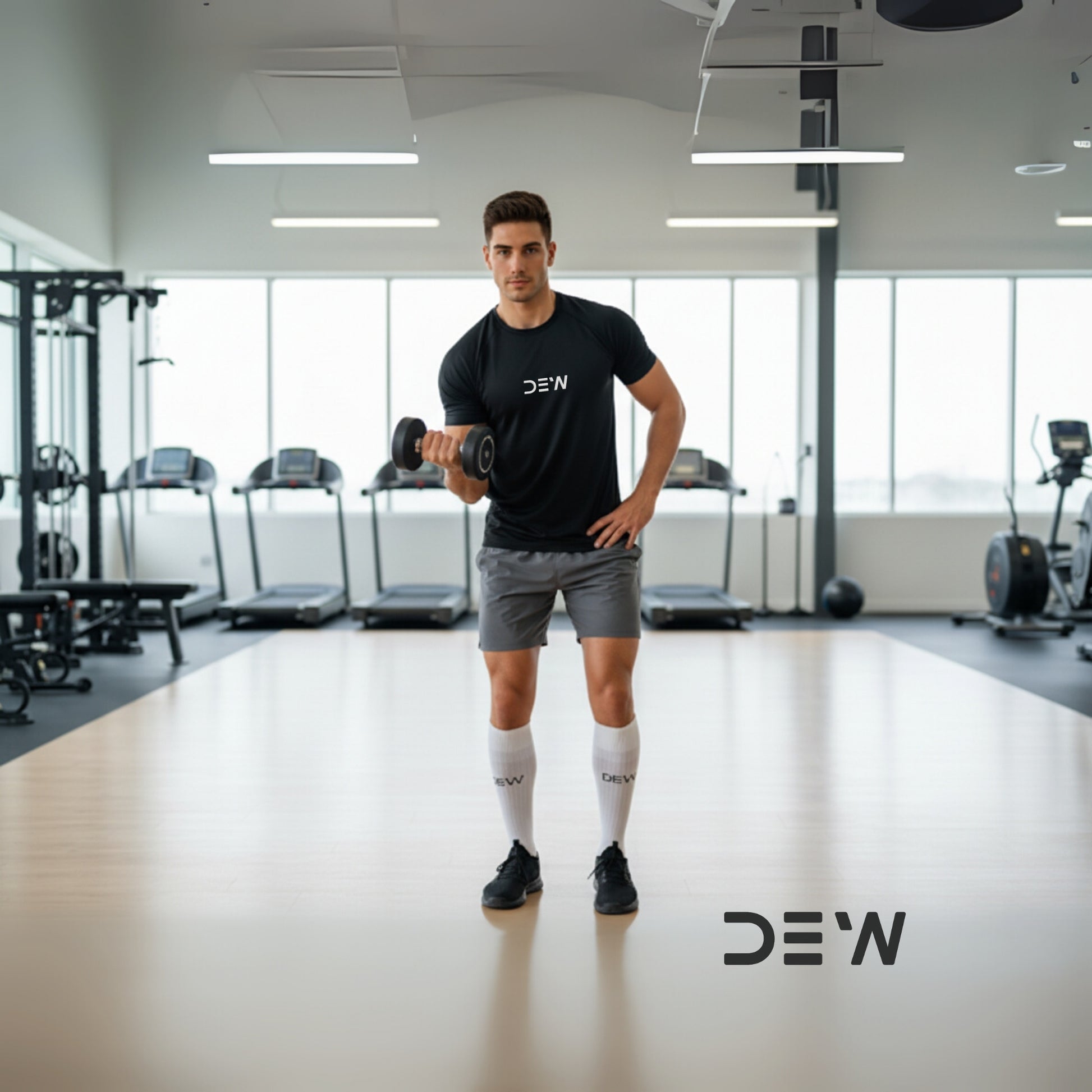 Man exercising with dumbbells in a gym wearing a black 'DEW' shirt and Dew crew socks.