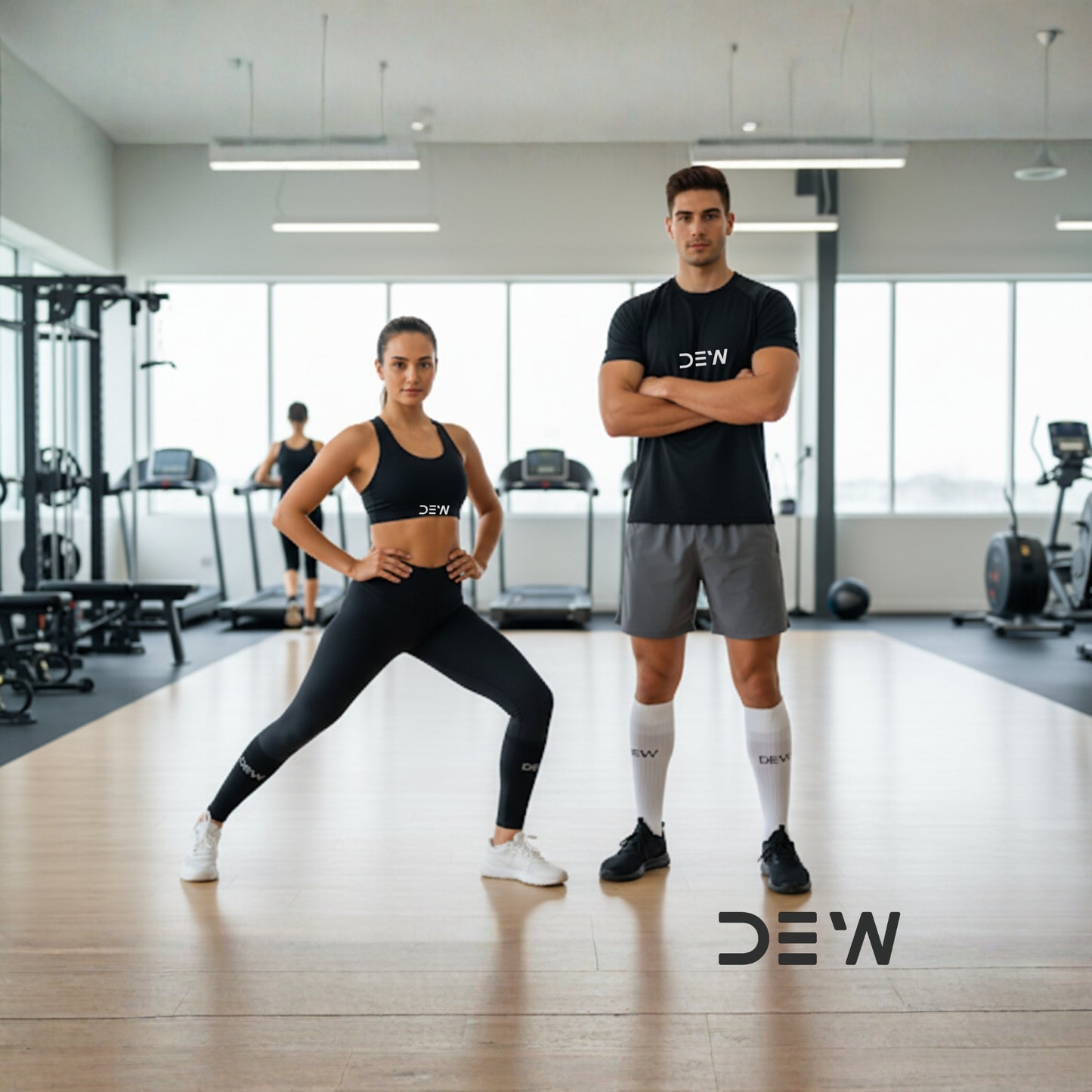 Two people in a gym wearing black and gray athletic wear with 'DEW' bamboo socks branding.