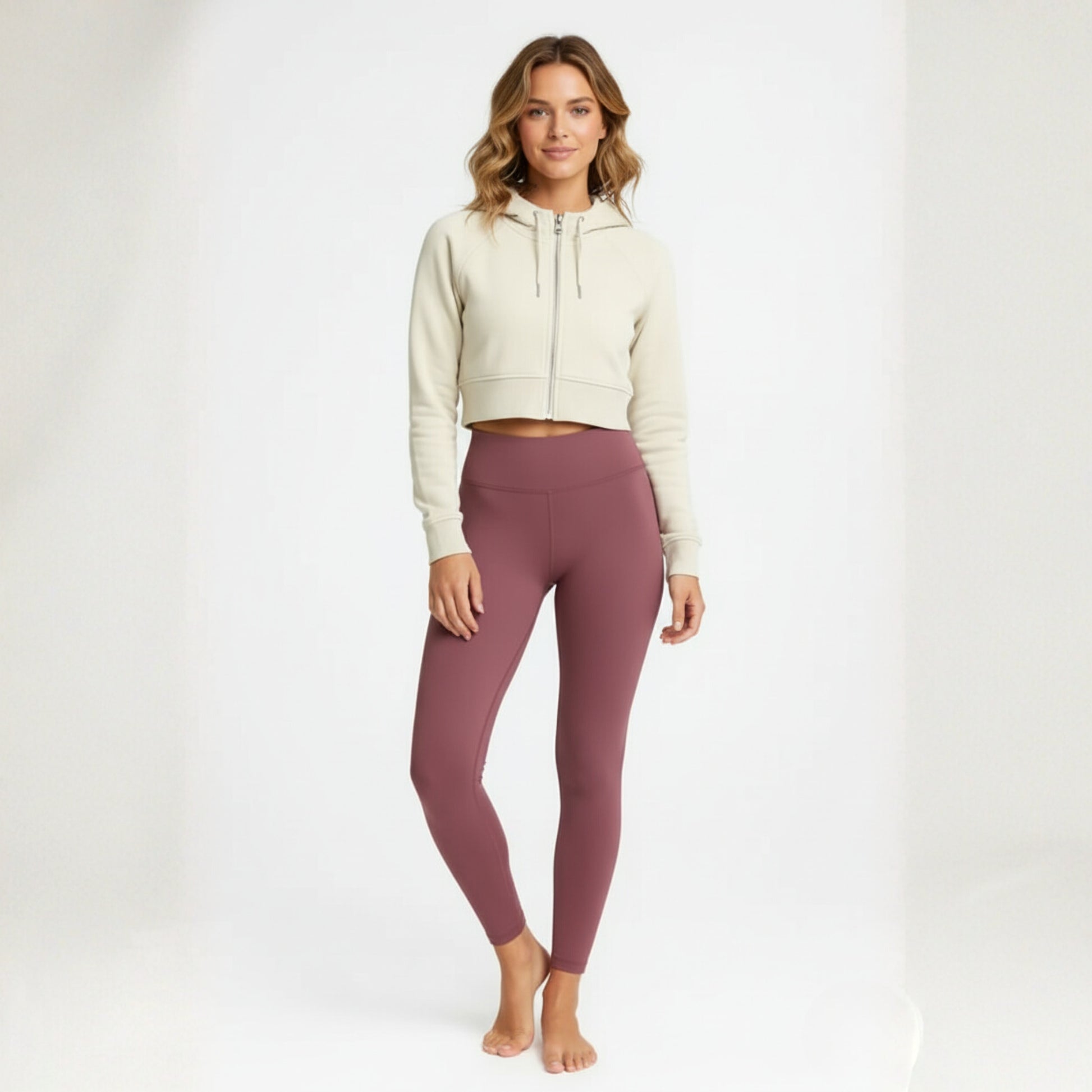 Woman wearing a cream hoodie and Dew dusty plum high waisted leggings on a white background