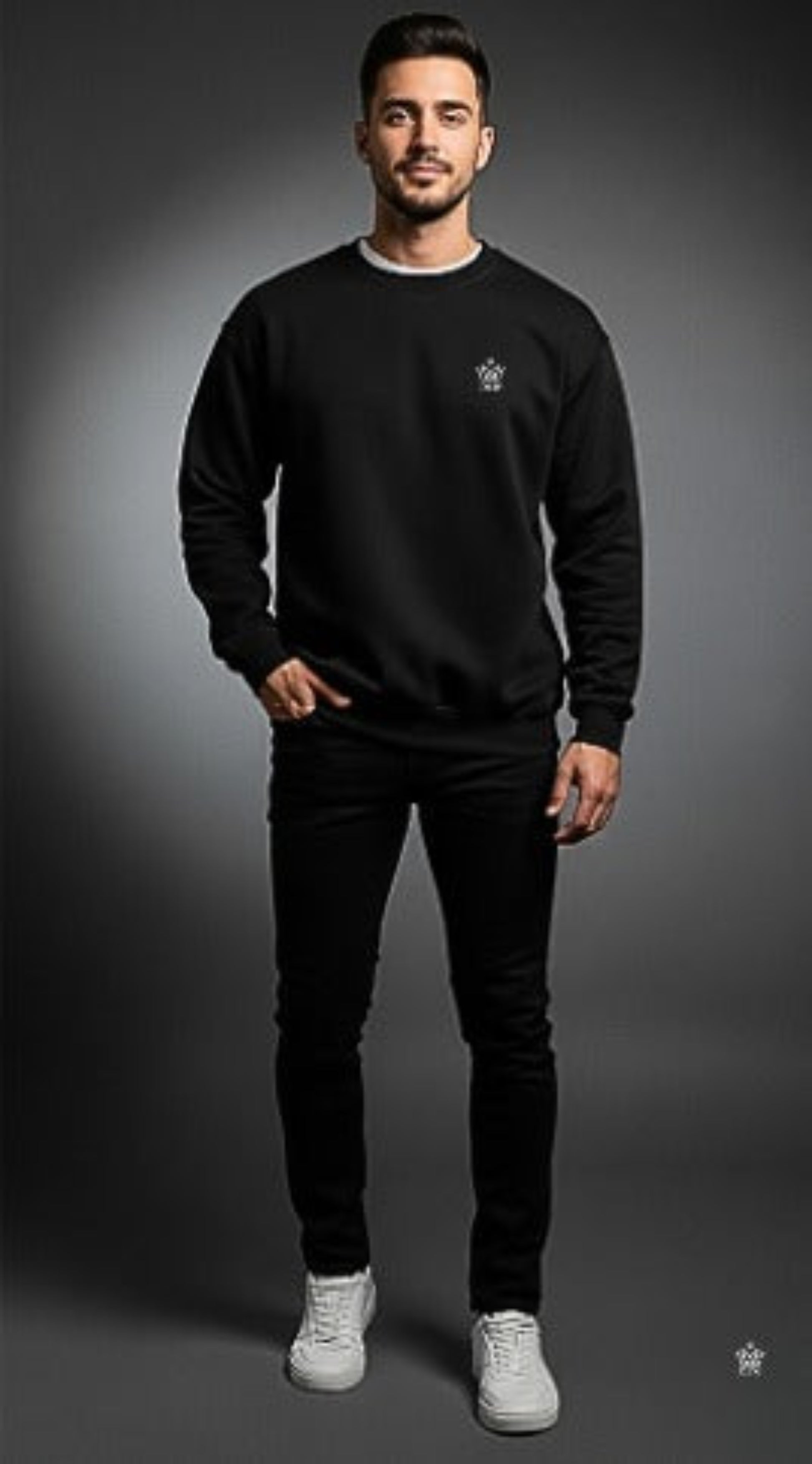 Man wearing a  black Dew Classic Jumper with a logo on a gray background