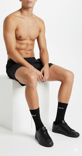 Man wearing black socks with 'Dew' branding sitting on a white surface.