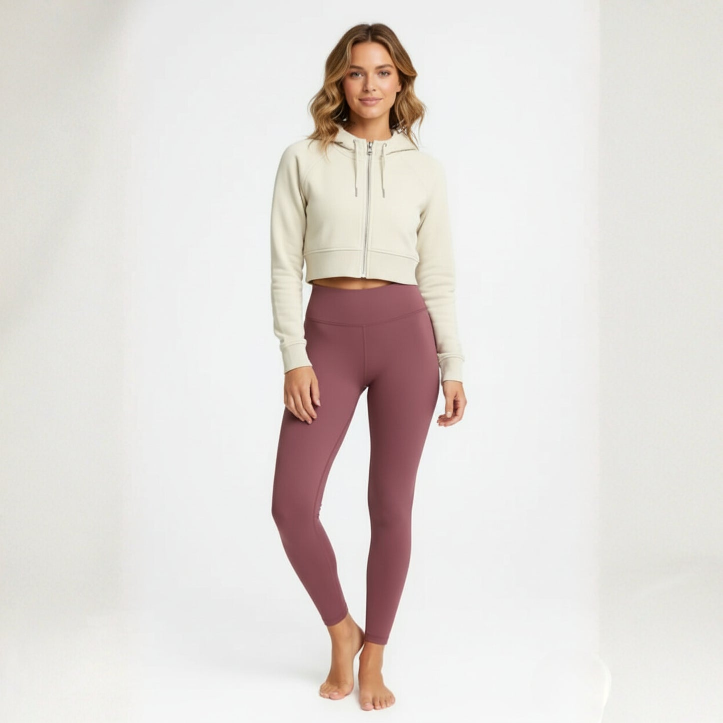 Woman wearing a cream hoodie and Dew dusty plum leggings on a white background